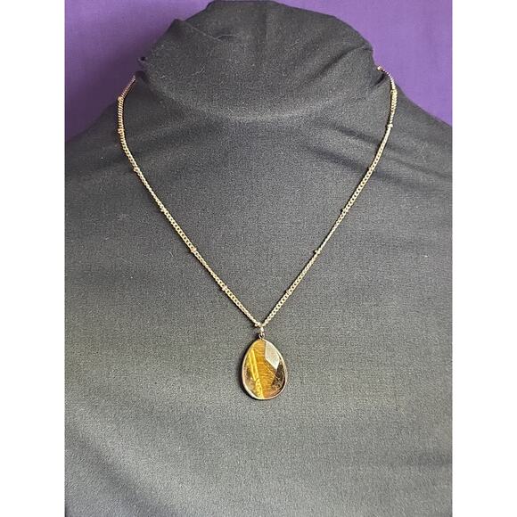 Tiger's Eye Teardrop Pendant Necklace On Gold Tone Satellite Station Chain - Picture 3 of 8
